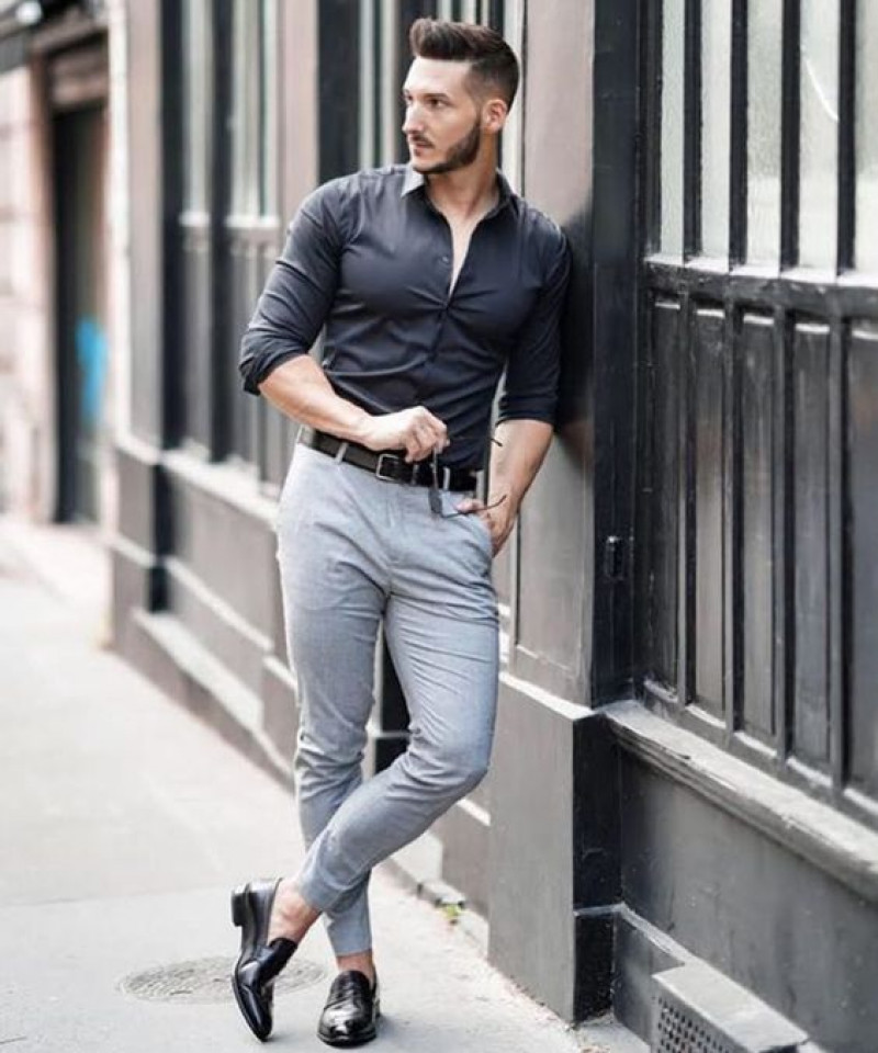 formal black shirt, grey casual trouser, grey shirt, black free time shoe