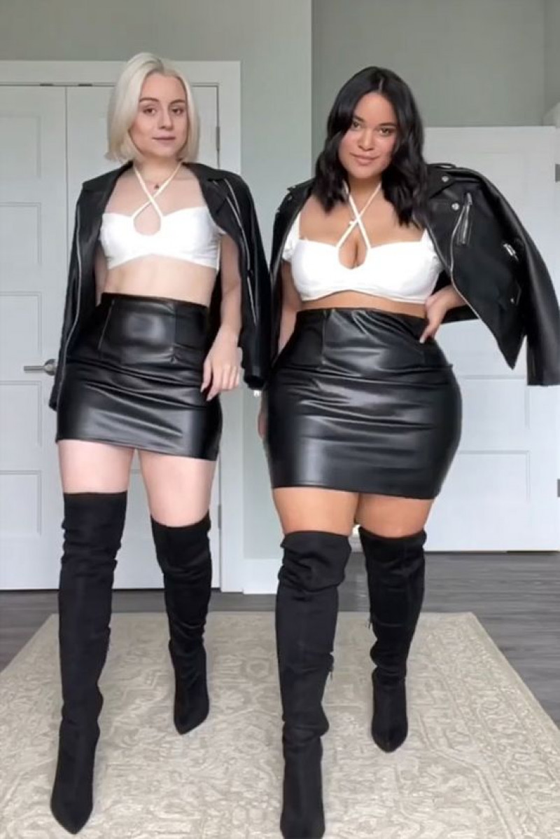 3 different body types same outfit, plus-size clothing, denise mercedes, clothing sizes, knee-high boot, body shape, long hair, black biker jacket, black tank top, black formal skirt skirt, black ladies high boot