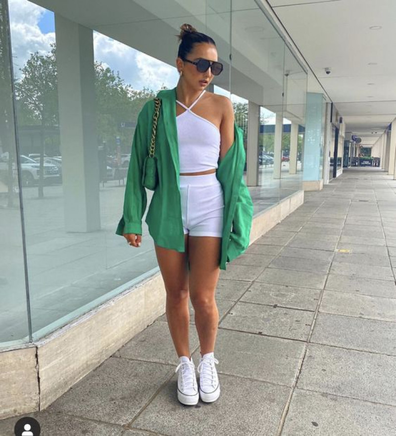 green cardigan, white casual short, white sneaker