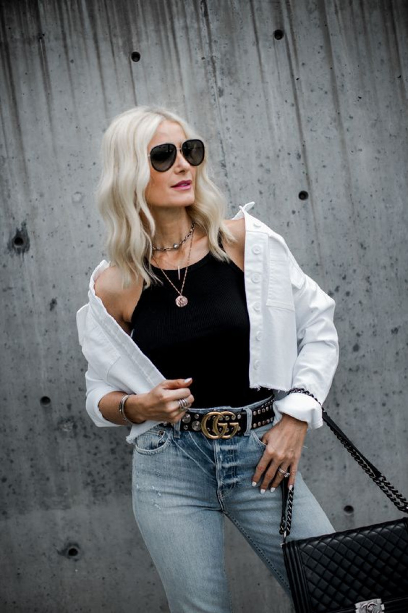 cropped white denim jacket outfit, jean jacket, crop top, white upper, light blue jeans