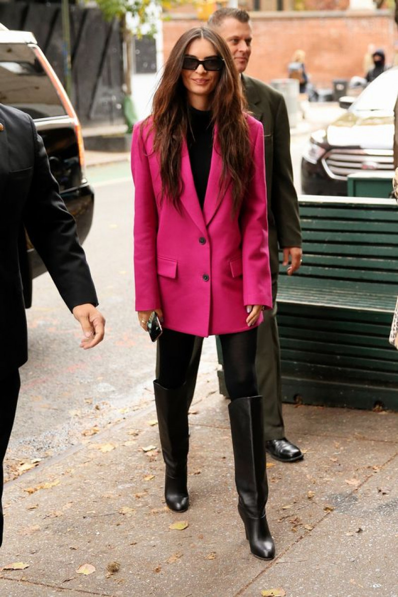 emily ratajkowski paris texas black boots, emily ratajkowski, luggage and bags, knee-high boot, leather jacket, fashion boot, paris texas, pink suit jackets and tuxedo, black legging, black ladies high boot, black casual boot chelsea and ankle boot