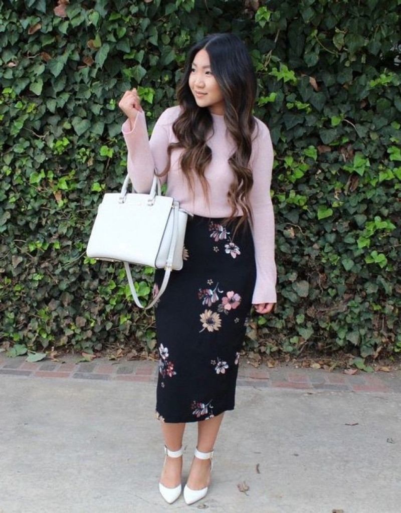 fashion model, floral midi pencil skirt, winter clothing, modest fashion, pencil skirt, pink formal dress, black midi dress, silver pump