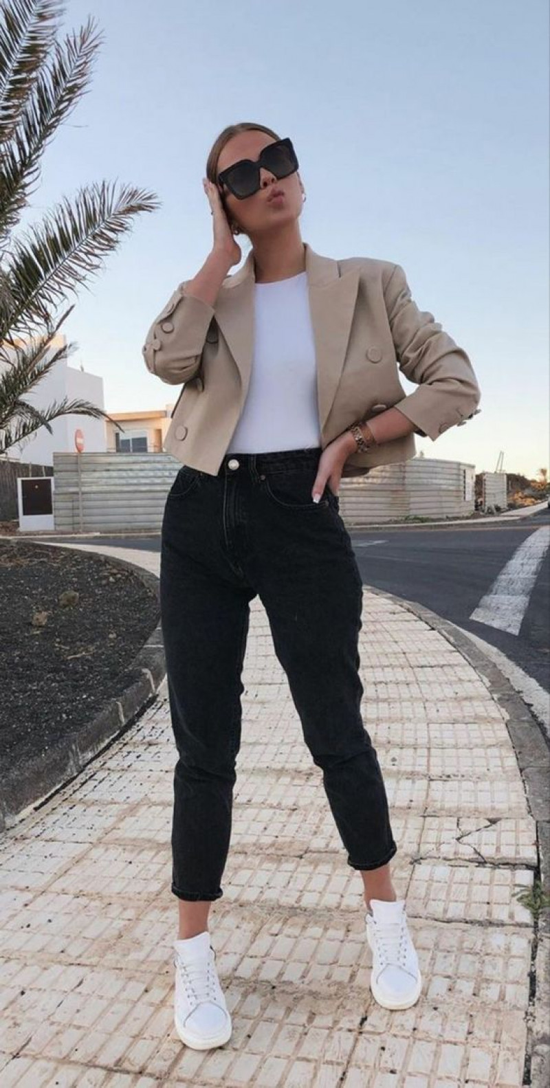jeans, womens fashion, black jeans, beige suit jackets and tuxedo, white sneaker