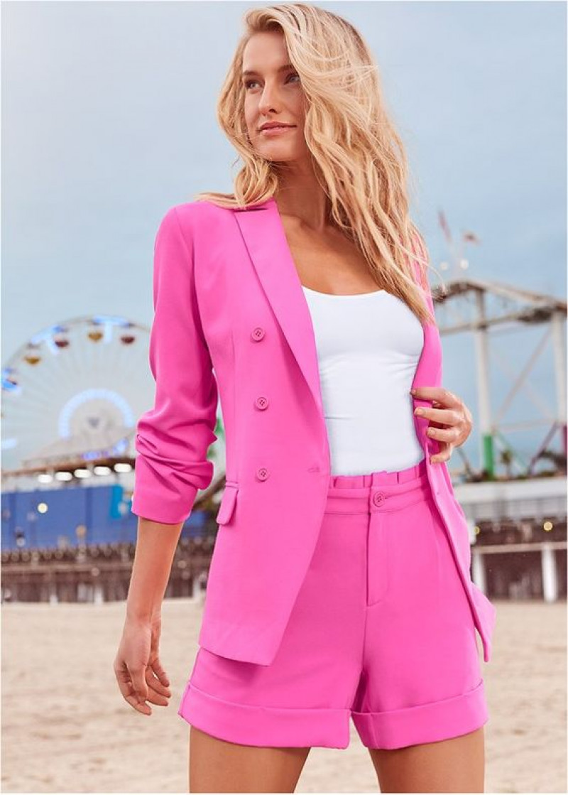 fashion model, womens fashion, pink fashion, pink wool coat, pink casual short