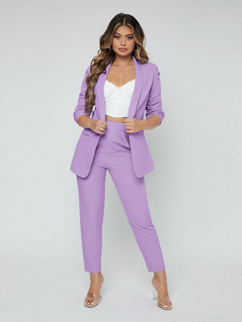women's pant suit, women's suits, purple and violet formal trouser, purple and violet wool coat, beige formal sandal