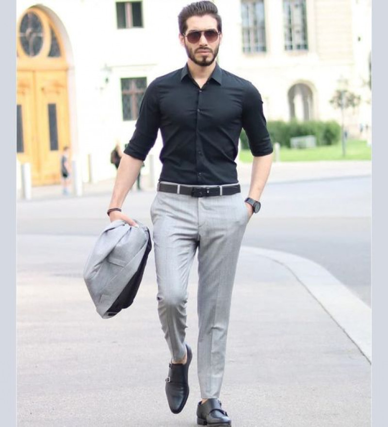 best formal pant shirt combination, men's clothing, formal wear, grey formal trouser, blue shirt, grey windstoppers & softshell, black formal shoe