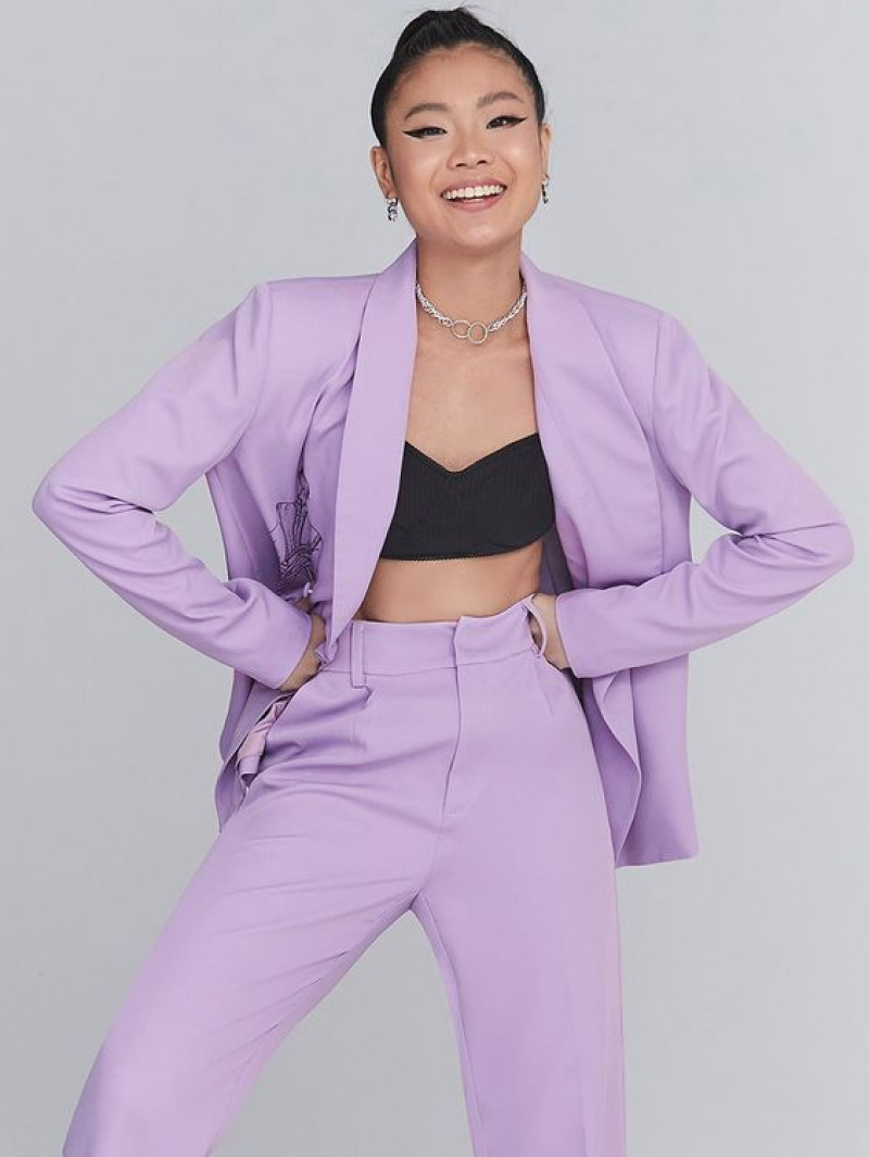 women's pants, purple and violet bomber jacket, purple and violet formal trouser