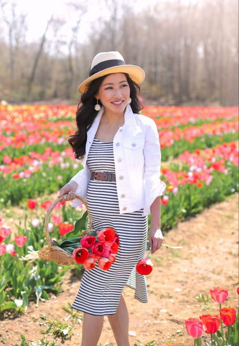 flower, jean jacket, the dress, wrap skirt skirt, white casual jacket