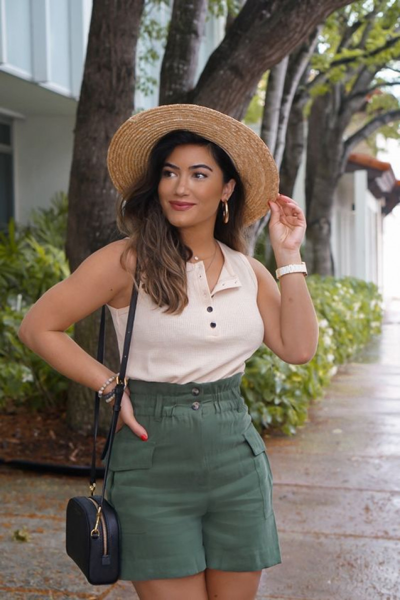 beauty, green casual short, white knitted top