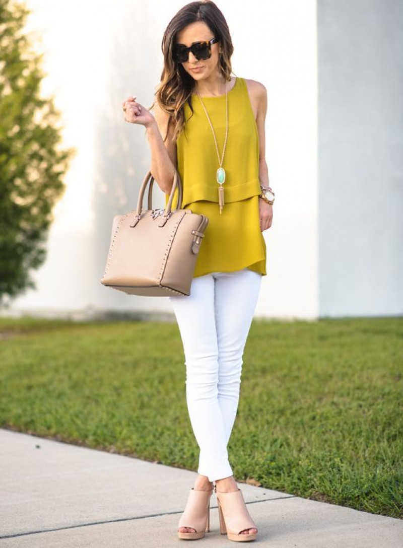 shirts & tops, prom dresses, yellow tunic, white jeans, beige sandal