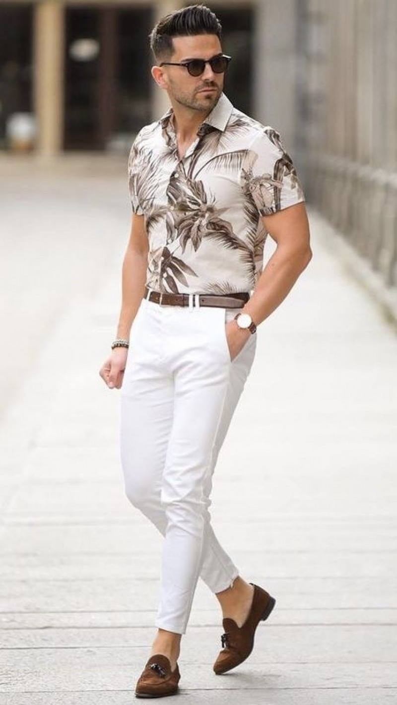 floral shirt outfit ideas men, blue and white flower design cotton material printed beach wear half sleeves shirt for men, masculina manga longa, men's clothing, men's shirt, white casual trouser, shirt, brown free time shoe