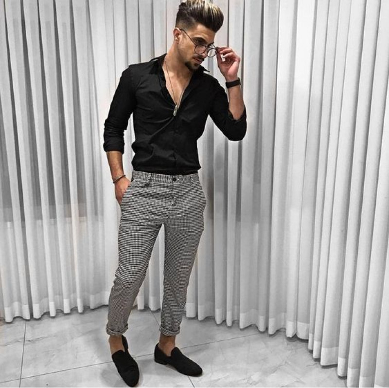 handsome men outfit, men's shirt, formal wear, black shirt, grey casual trouser, black free time shoe