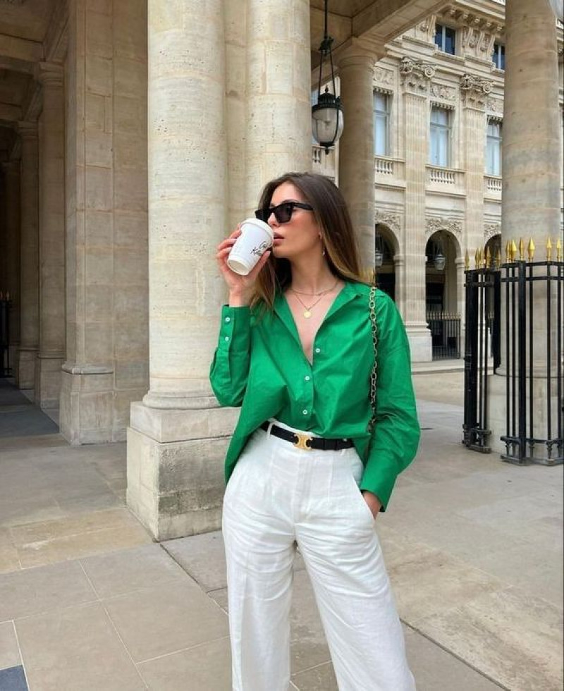 green blouse, white beach pant