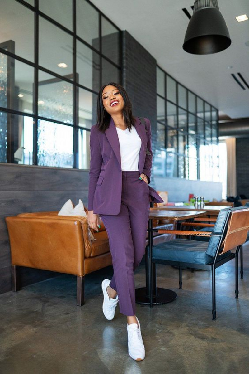 women suit set, women's blazer, women's suits, purple and violet casual trouser, purple and violet suit jackets and tuxedo, white sneaker, white trainer