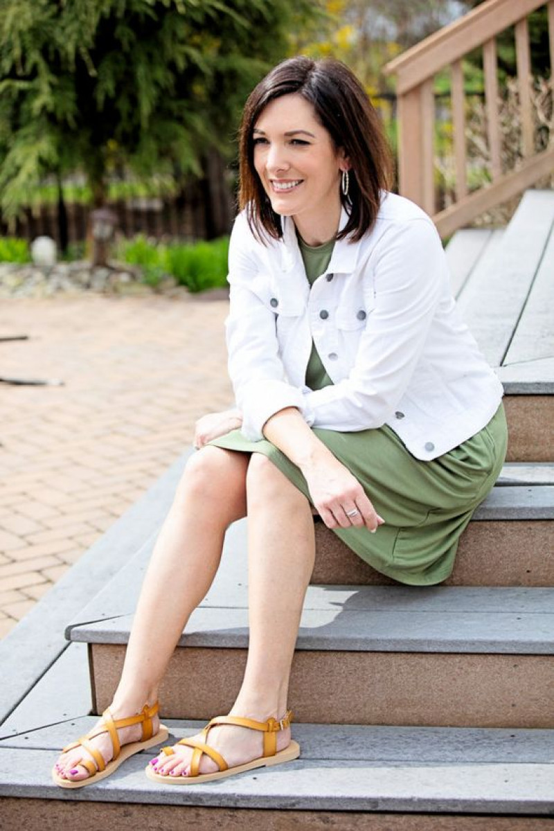 white spring dress, jean jacket, white suit jackets and tuxedo, green beach pant, yellow sandal