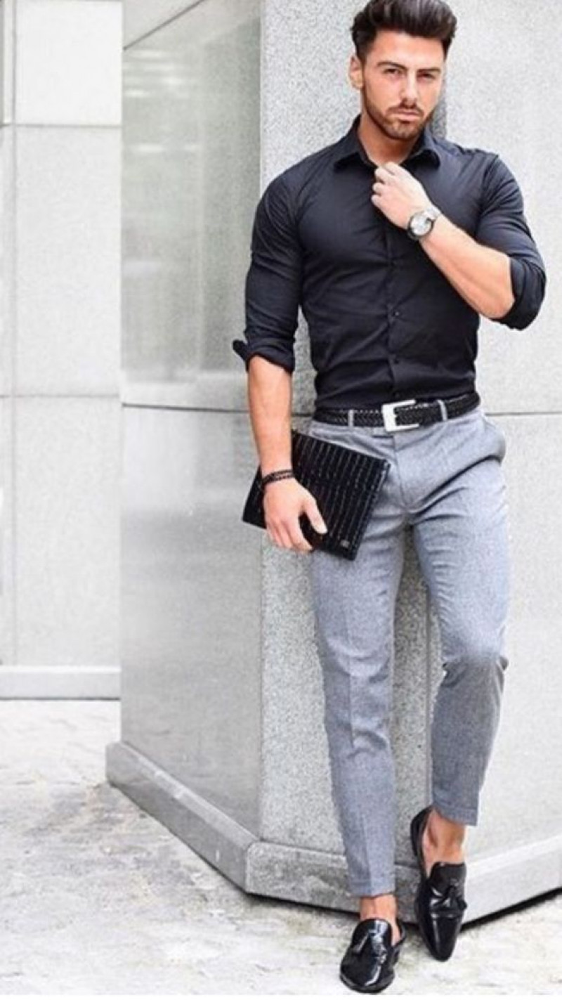 man dress style, men's clothing, men's style, formal wear, grey casual trouser, black shirt, black free time shoe