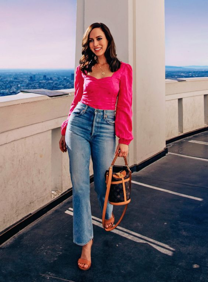 blue casual trouser, brown formal sandal, jeans, crop top