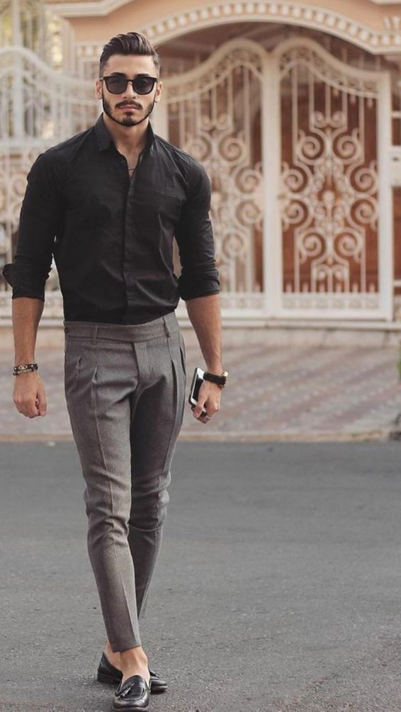 gray pants black shirt, brown casual trouser, brown shirt, black free time shoe