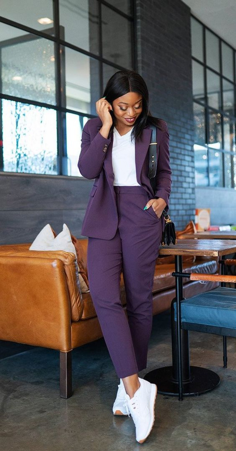ladies formal wear with sneakers, women's suits, women's shoe, office wear, formal wear, purple and violet casual trouser, purple and violet wool coat, white trainer