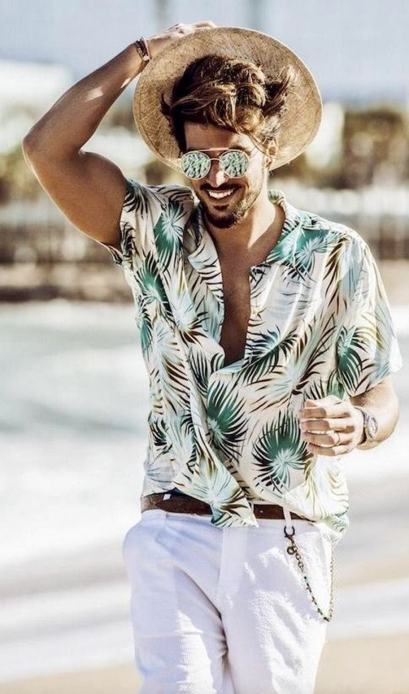 floral beach outfit male, men's activewear, men's clothing, beach fashion, shirt, white sweat pant