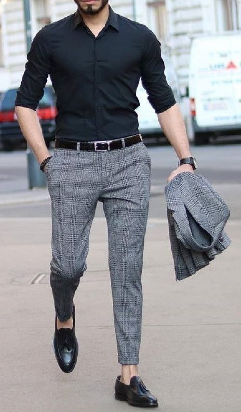 square pants men, smart casual, formal wear, men's pants, grey formal trouser, black shirt, black free time shoe