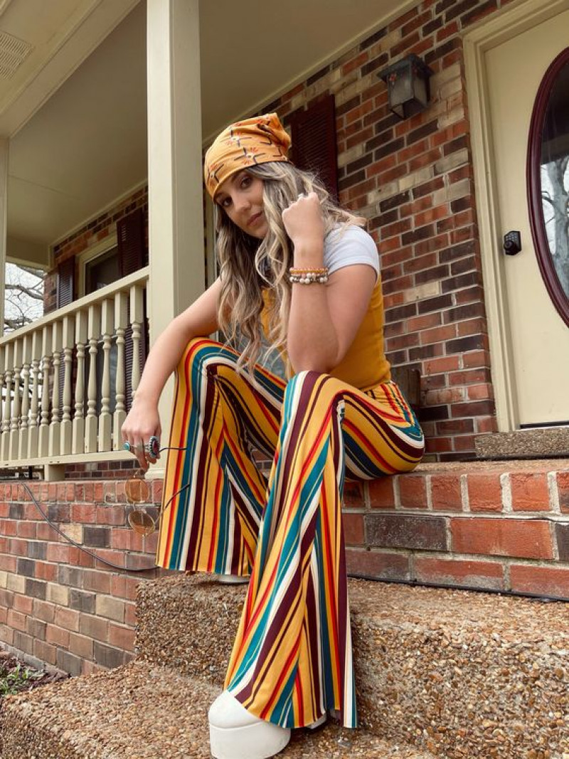 shoulder, straight up sideways striped bell bottom flares ~ lainey wilson x lil bee's bohemian, straight up sideways, bell bottom country, heart like a truck, lainey wilson, bell-bottoms, casual dress, white slipper