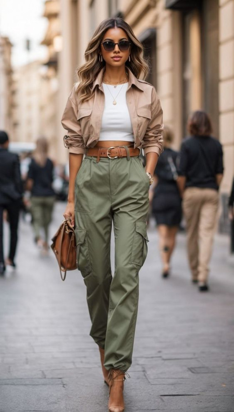 Green cargos and Beige cropped jacket