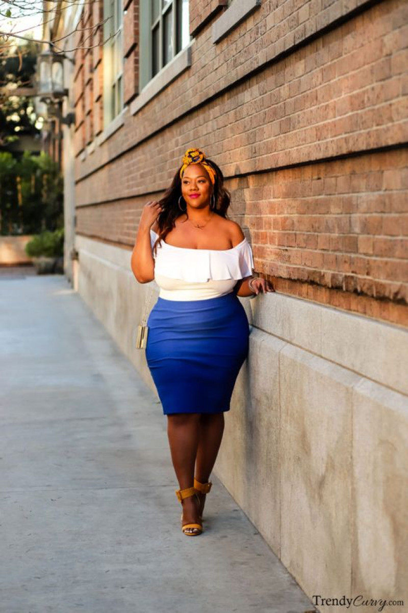 plus-size clothing, cocktail dress, blue casual skirt skirt, white crop top, brown sandal
