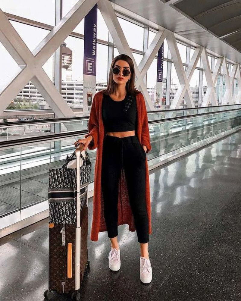 summer travel outfits, summer 2020 elegant women ruffle layer spaghetti strap short top basics skirt, luggage and bags, summer vacation, road trip, black casual trouser, black upper, beige sneaker