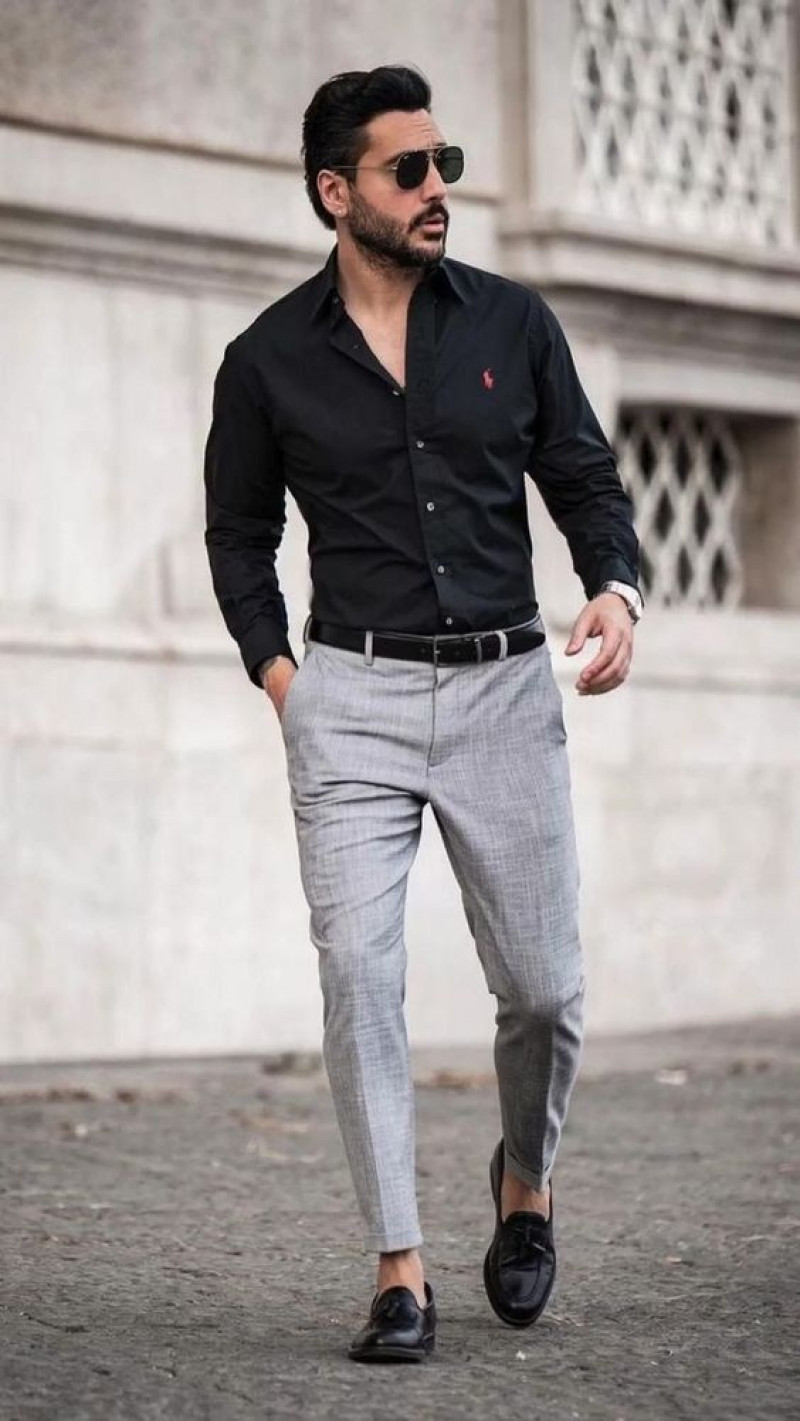 black top white pants men, men's shirt, formal wear, grey formal trouser, black shirt, black free time shoe