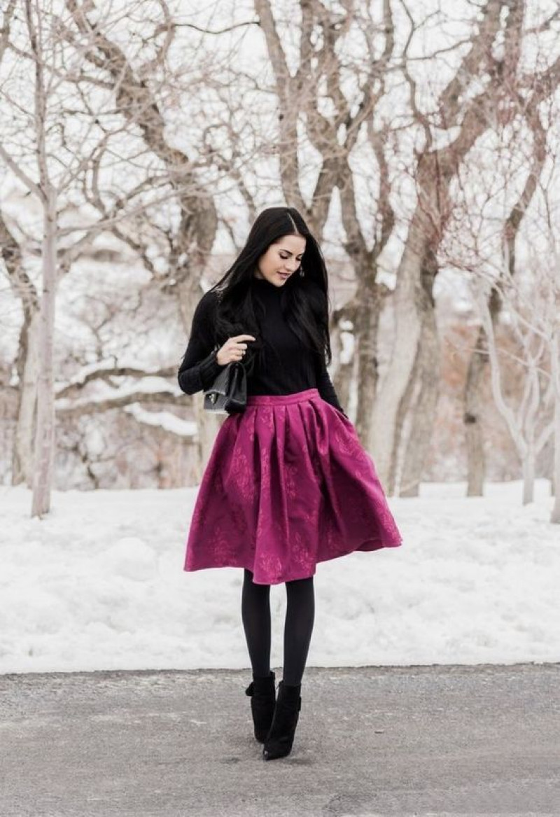 winter, winter clothing, maxi dress, purple and violet a-line skirt skirt, black sweater, black casual boot chelsea and ankle boot