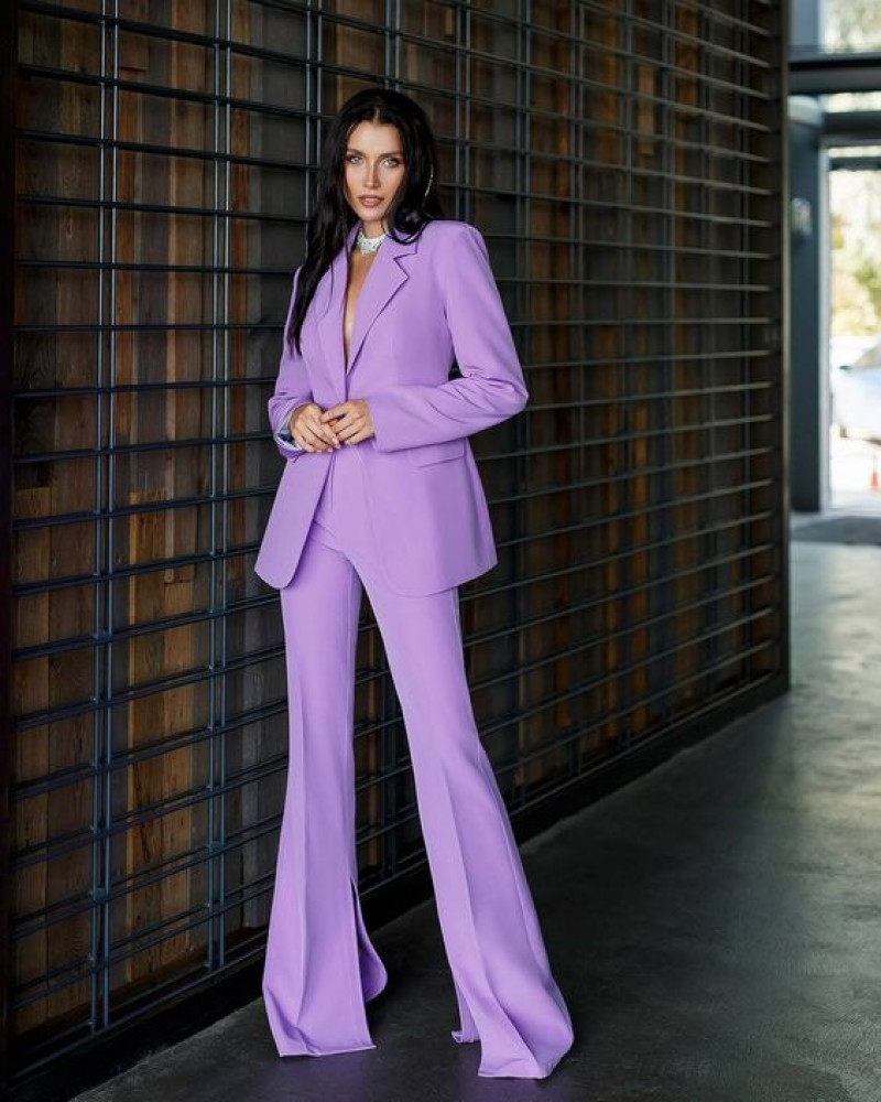 fashion model, purple and violet casual trouser, purple and violet wool coat