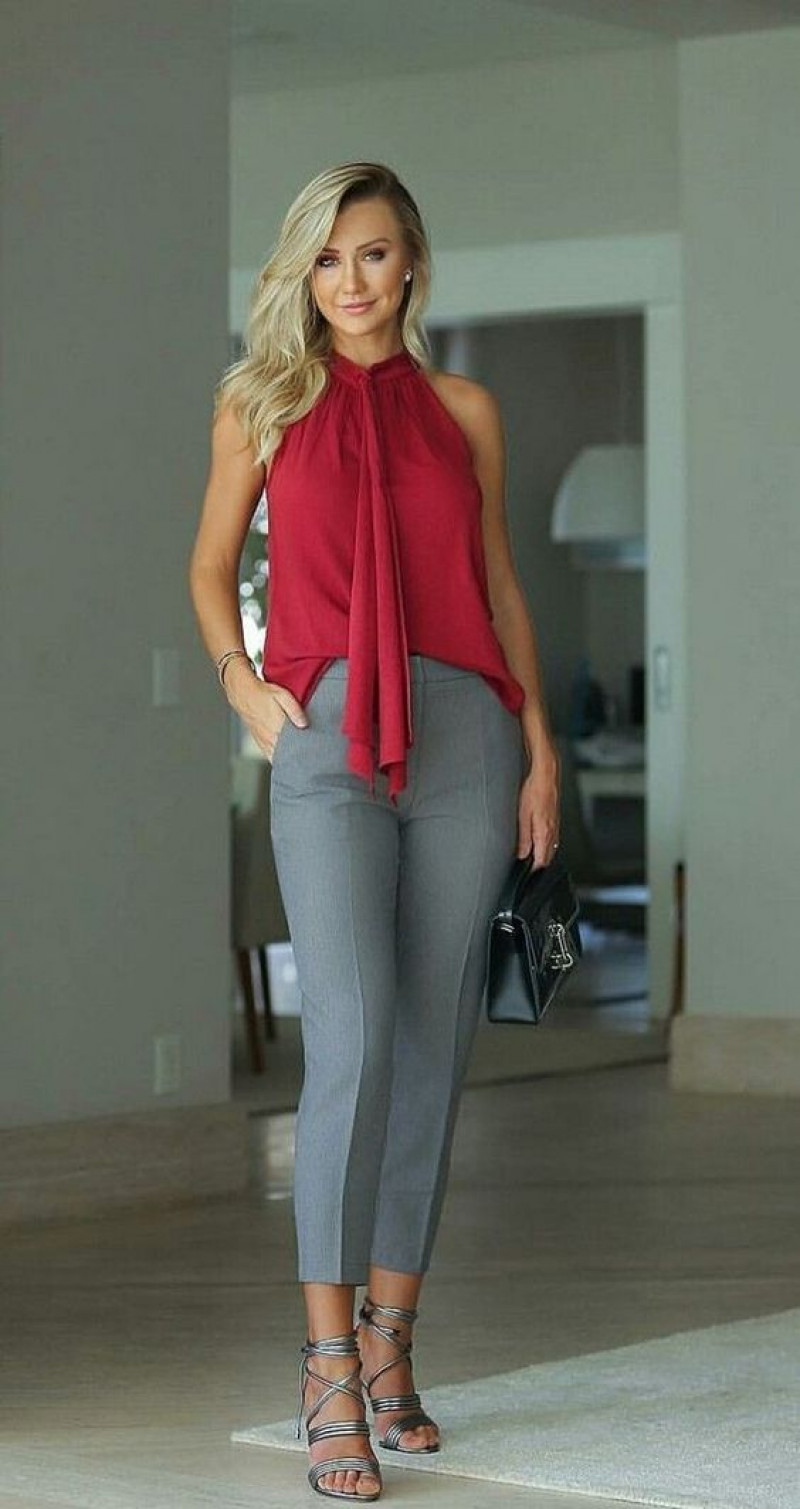 sexy office outfits, clothes for women, women's dress, office wear, grey jeans, red top, multicolor sandal