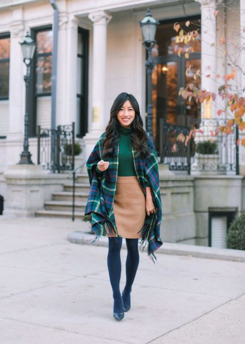 church outfits winter, winter clothing, leather jacket, plaid scarf, black hair, turquoise casual jacket, pencil and straight skirt skirt, dark blue and navy pump