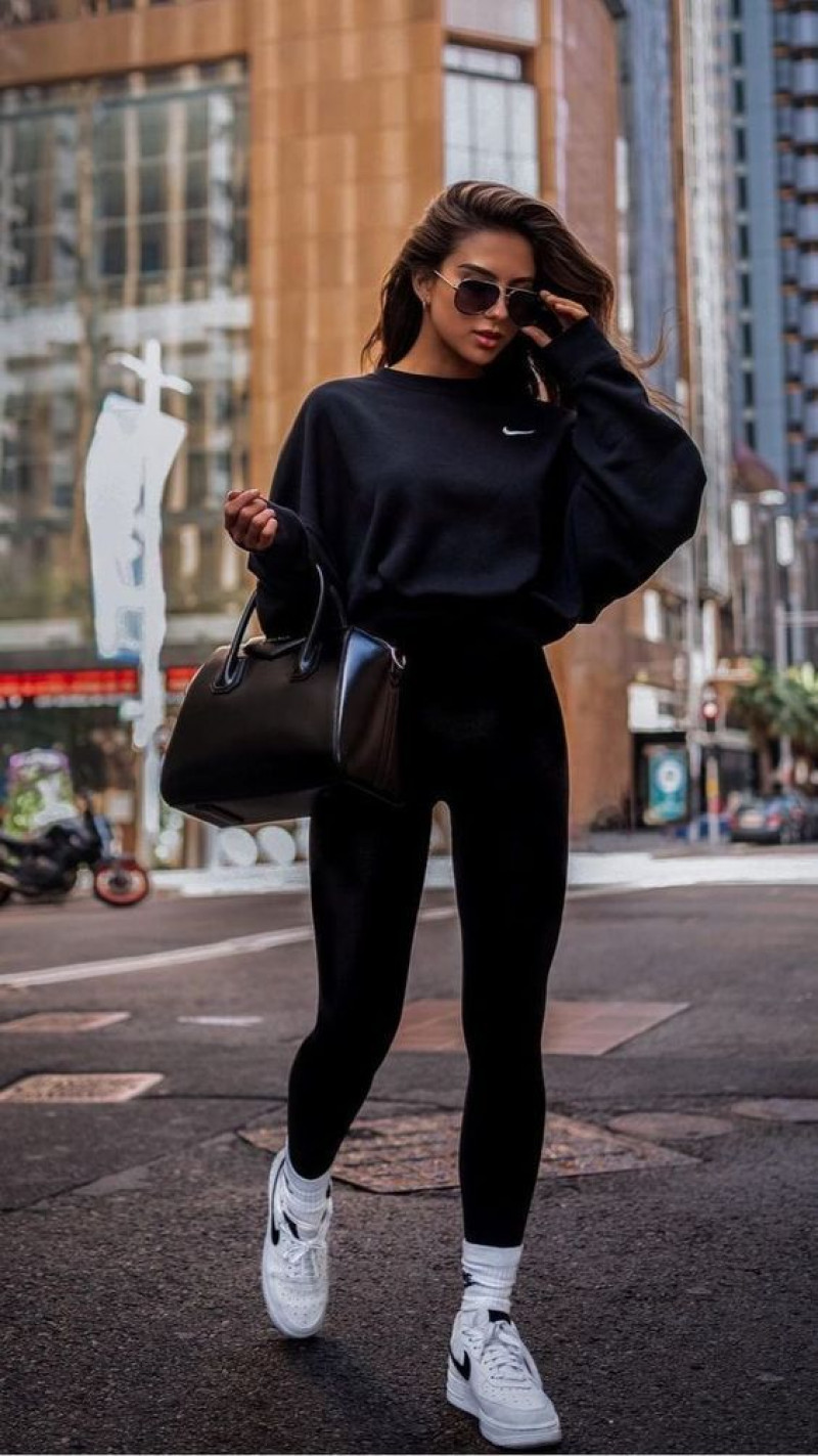 outfit ideas leggings, black suit trouser, blue sweatshirt, white trainer