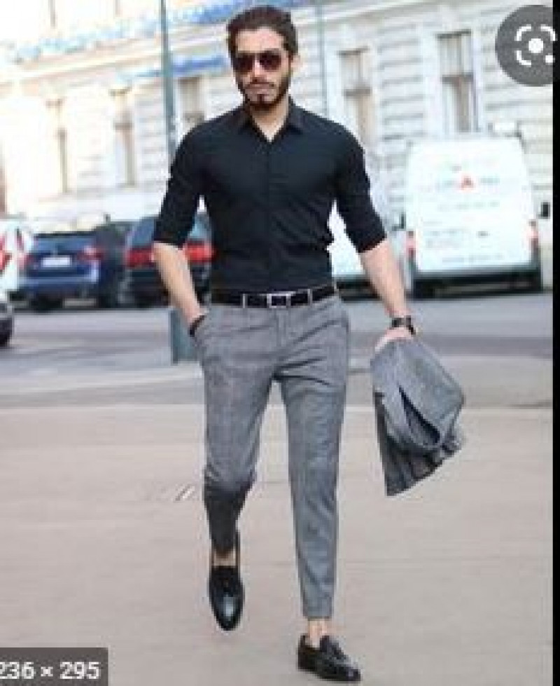 formal dress for men, blazer masculino, cocktail dress, formal wear, dress shoe, grey casual trouser, blue denim shirt, black free time shoe