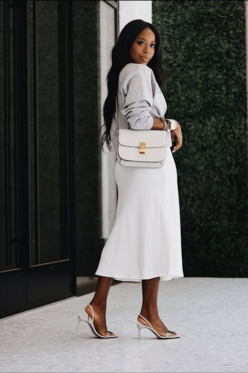 white a-line skirt skirt, grey blouse, brown formal sandal
