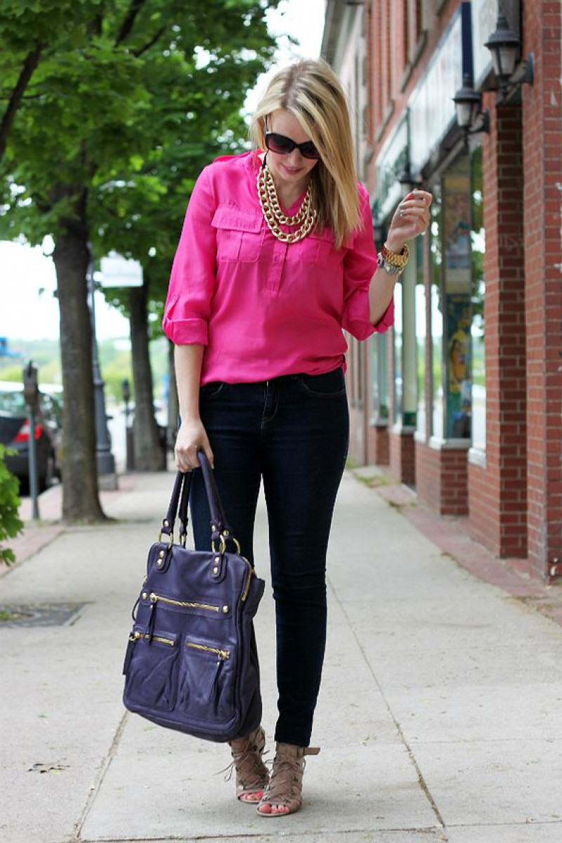 pink top black jeans outfit, luggage and bags, baby pink top, jean jacket