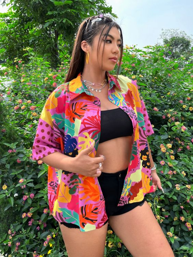 plus polka dot & tropical print drop shoulder shirt, polka dot