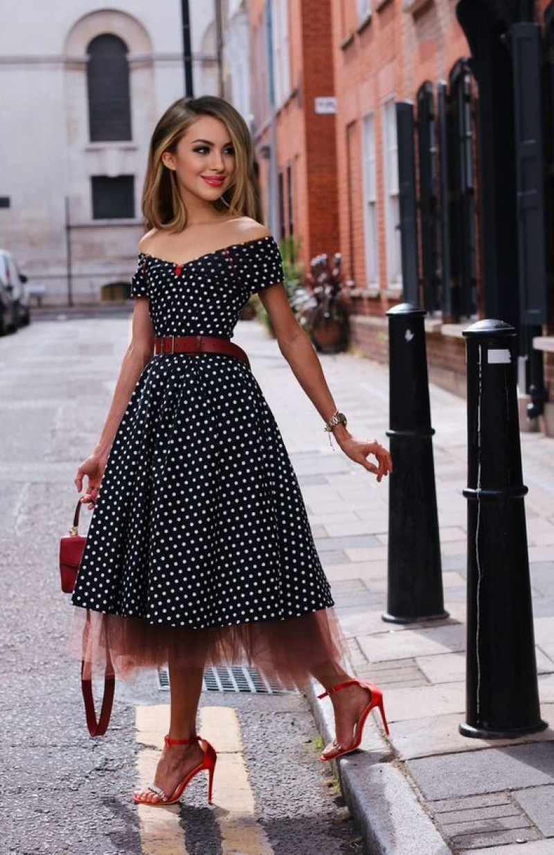 black-and-white polka dot dress