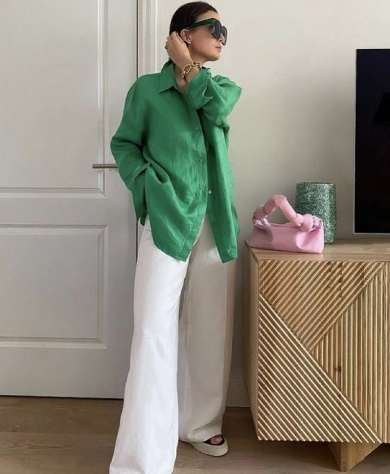 , white casual trouser, green shirt