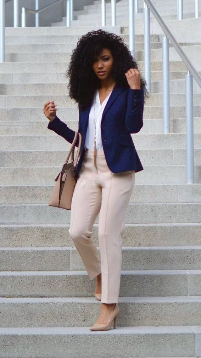 beige casual trouser, blue suit jackets and tuxedo, beige pump