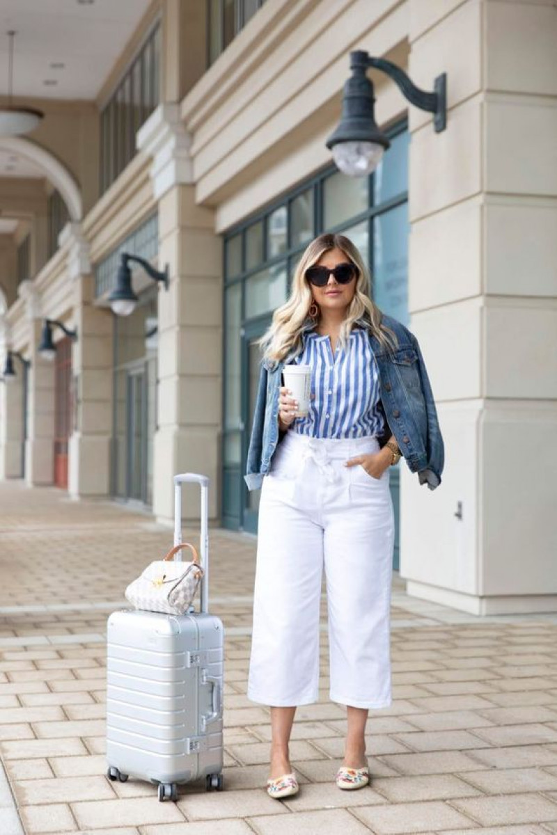 jeans, white casual trouser, light blue denim shirt, silver formal sandal