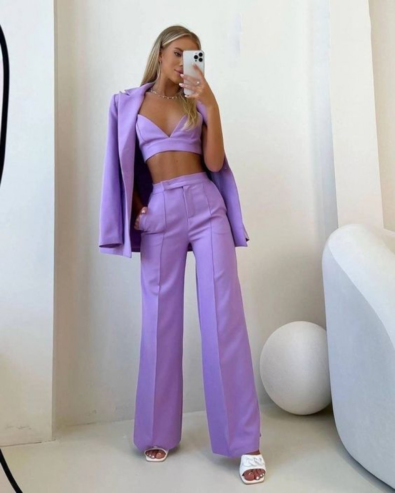 women's suits, suit jacket, purple and violet leather trouser, purple and violet crop top