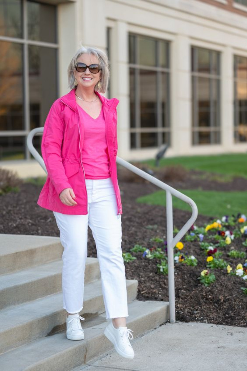 jeans, white casual trouser, pink suit jackets and tuxedo, white sneaker