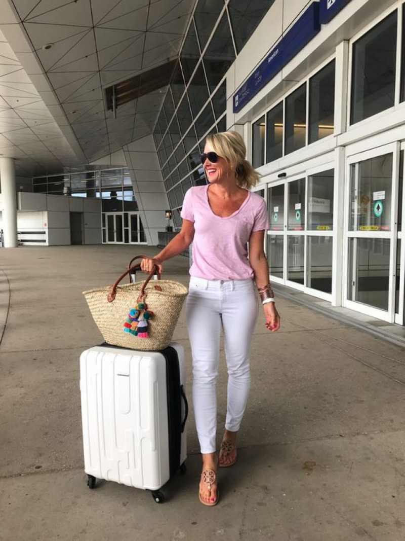 jeans, luggage and bags, fit tip, white casual trouser, pink t-shirt, beige flip-flop, brown sandal