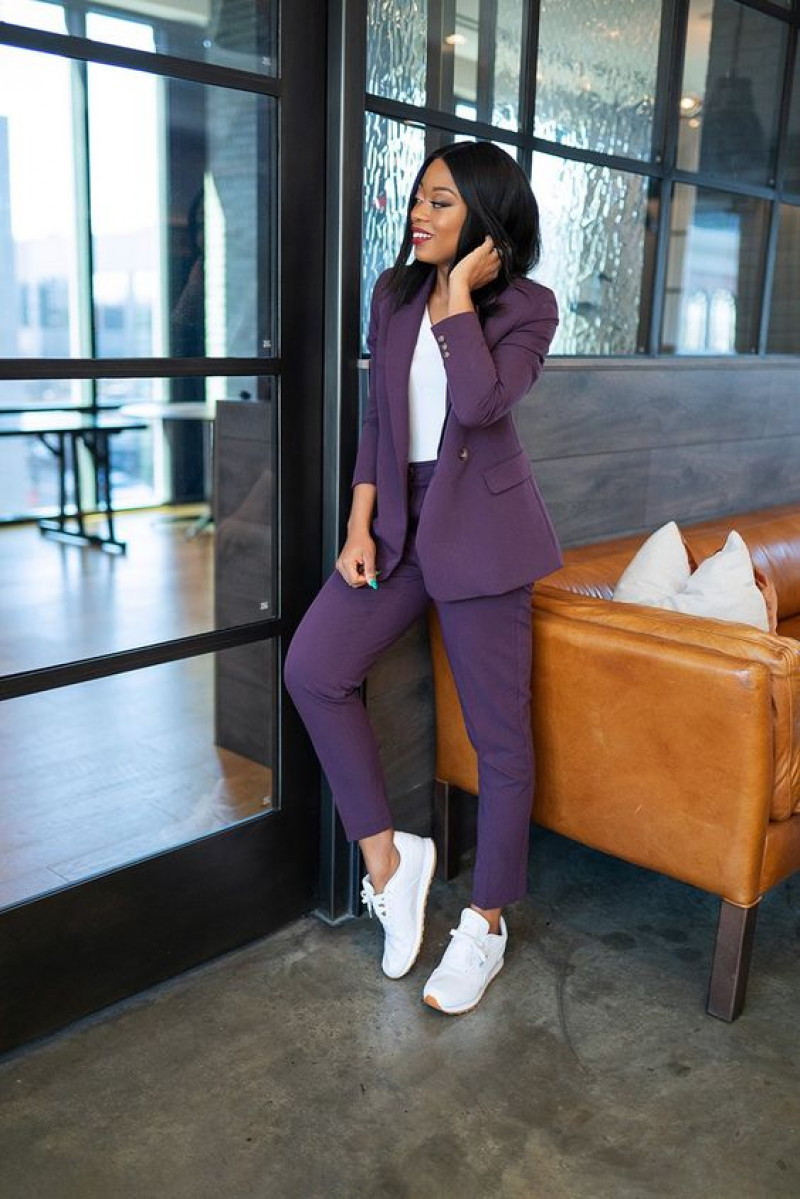 semi formal attire with sneakers, business casual, women's suits, purple and violet casual trouser, purple and violet winter coat, white trainer