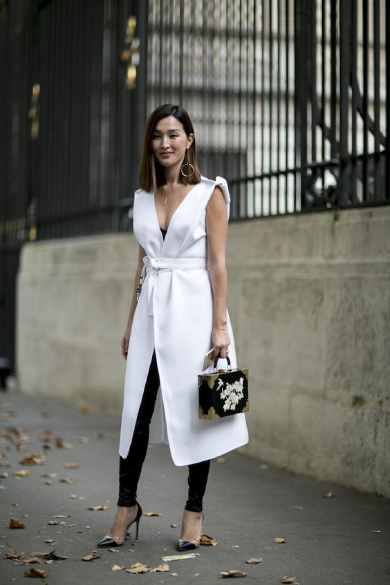 longline vest, white midi sheath dress, black pump