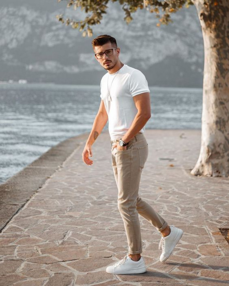 man casual outfit summer, summer casual wear, business casual, men's clothing, men's apparel, smart casual, beige casual trouser, white t-shirt, white sneaker