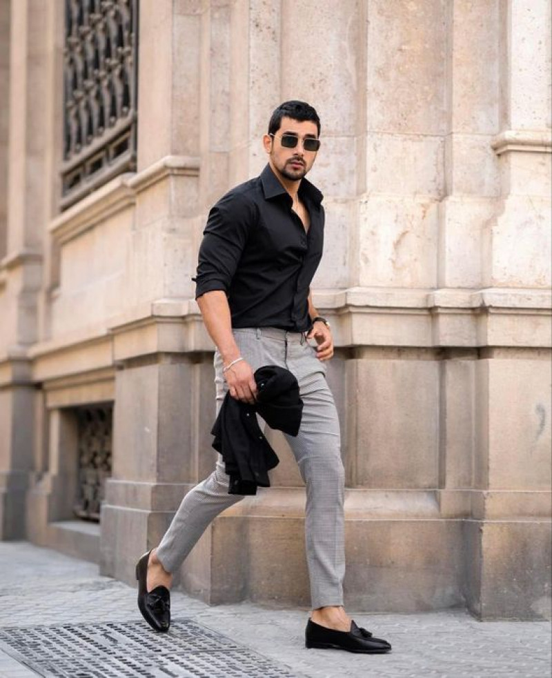 formal dress pant and shirt stylish boy, men's style, formal wear, grey jeans, black shirt, black free time shoe